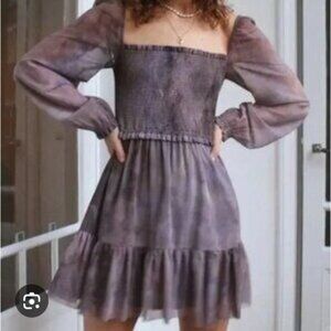 Aritzia Wilfred Tempest Mini Dress Sizes L Print Smocked Square Neck Stretch